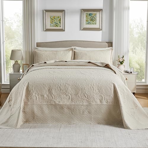 Qucover Oversized King Bedspreads 128x120, Soft Microfiber Ultrasonic Quilting Paisley Pattern California King Quilt Sets Oversized, 3 Piece Oversized Coverlet Bedding, Beige - Image 2