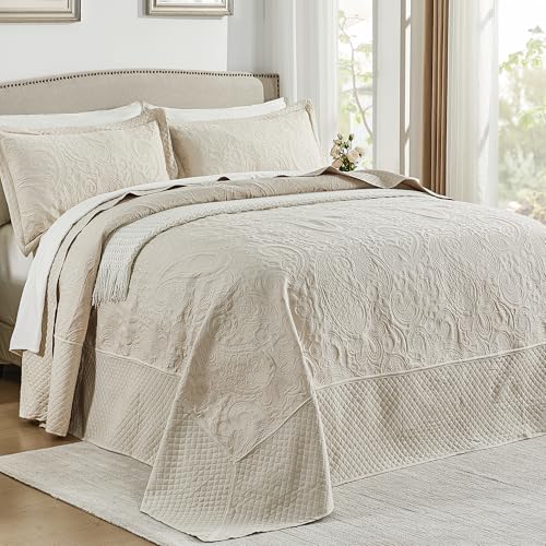Qucover Oversized King Bedspreads 128x120, Soft Microfiber Ultrasonic Quilting Paisley Pattern California King Quilt Sets Oversized, 3 Piece Oversized Coverlet Bedding, Beige - Image 1