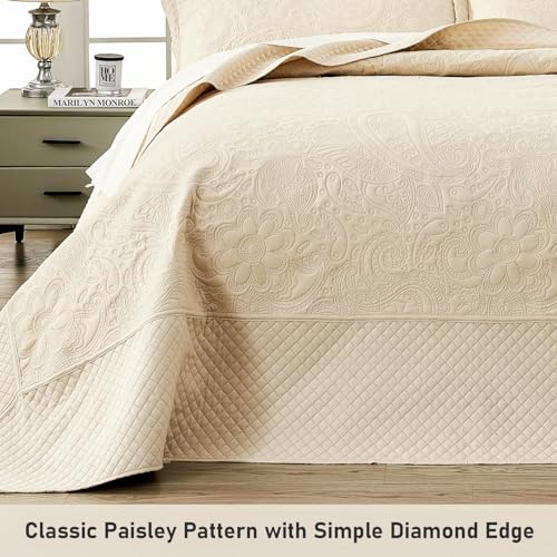 Qucover Oversized King Bedspreads 128x120, Soft Microfiber Ultrasonic Quilting Paisley Pattern California King Quilt Sets Oversized, 3 Piece Oversized Coverlet Bedding, Beige - Image 5