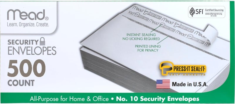 Mead #10 Security Business Envelopes Letter Size 4-1/8" x 9-1/2" – Peel and Seal, Privacy Lined, No-Window, Press-It Seal-It Self-Adhesive for Home & Office Mailing, 500 Count (740010) - Image 1