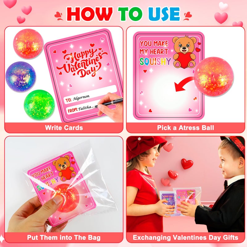 Bamamon Valentines Day Gifts for Kids, 30 Pack Valentines Cards for Kids with Stress Balls Stretchy Squeeze Squishy Fidget Toys, Classroom School Exchange Prize Valentine's Party Favor Goodie Bag Stuffers - Image 5