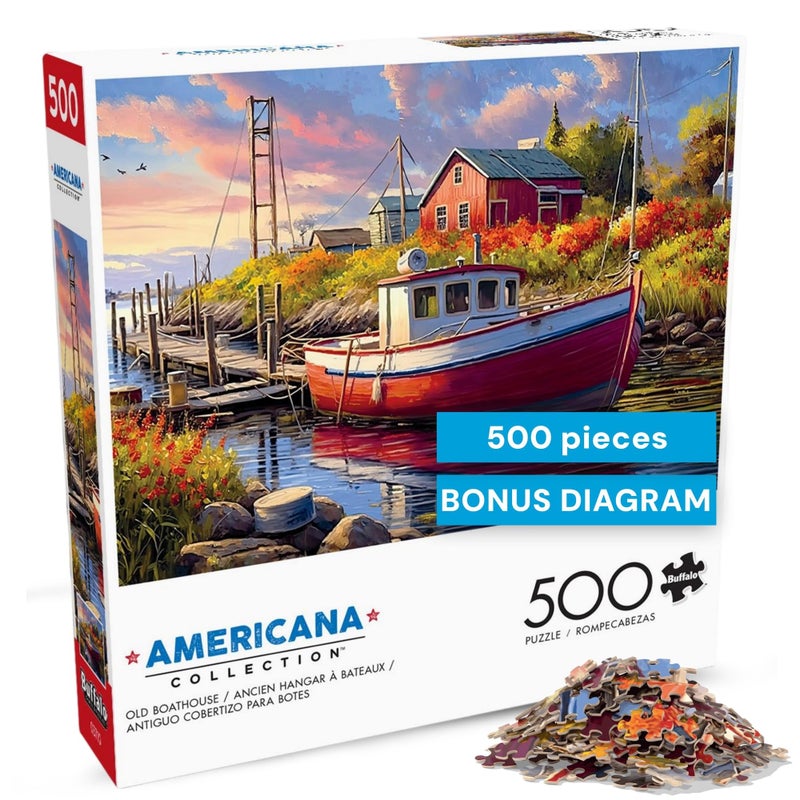 Buffalo Games - Old Boathouse 500 Piece Jigsaw Puzzle for Adults, Americana Boat Puzzle with Full-Color Poster, Premium Quality Made in The USA - Image 1