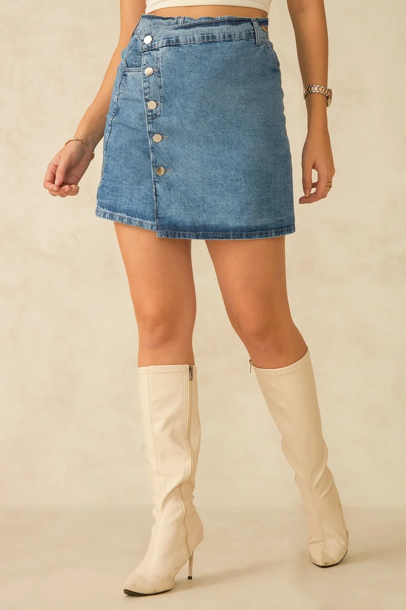 فيرجيو Solid Cotton Wrap Button Detail Mini Skirt for Women
