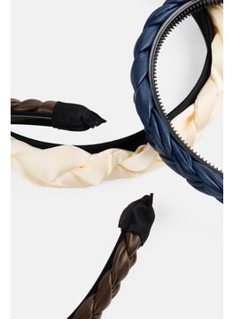 French Connection Women 3 Pcs Braided Faux Leather Satin Headband, Multicolor  - Image 3