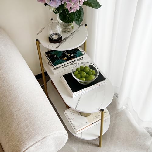 TARKAN Living Room End Table, 3 Tier Sofa-Side Wooden Table Marble Finish with Metal Frame (White/Gold) - Image 3