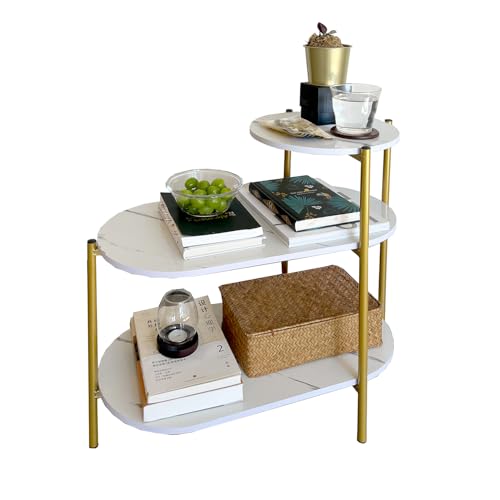 TARKAN Living Room End Table, 3 Tier Sofa-Side Wooden Table Marble Finish with Metal Frame (White/Gold) - Image 1