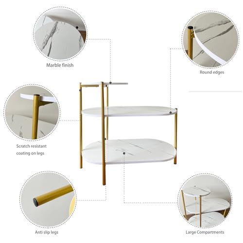 TARKAN Living Room End Table, 3 Tier Sofa-Side Wooden Table Marble Finish with Metal Frame (White/Gold) - Image 5