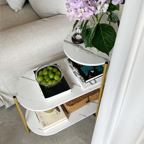 TARKAN Living Room End Table, 3 Tier Sofa-Side Wooden Table Marble Finish with Metal Frame (White/Gold) - Image 2
