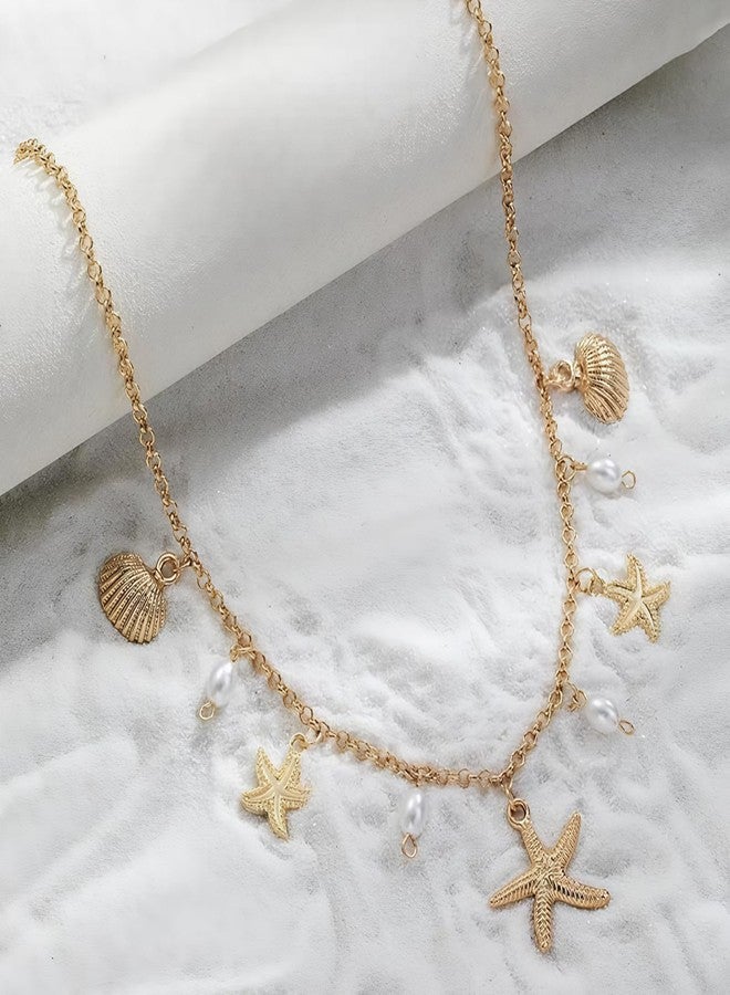 BharatBazaar Shell Necklace, Shell Jewellery for Women, Gold Charm Necklace for Women, Necklace Gold and Starfish Ocean-Inspired, Women's Summer Jewelry - Image 3