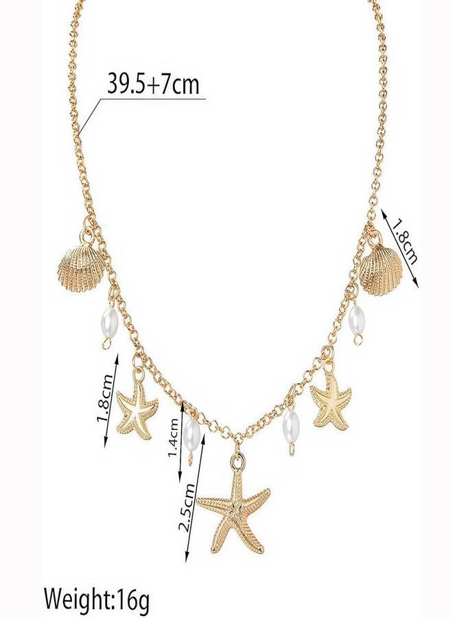 BharatBazaar Shell Necklace, Shell Jewellery for Women, Gold Charm Necklace for Women, Necklace Gold and Starfish Ocean-Inspired, Women's Summer Jewelry - Image 2