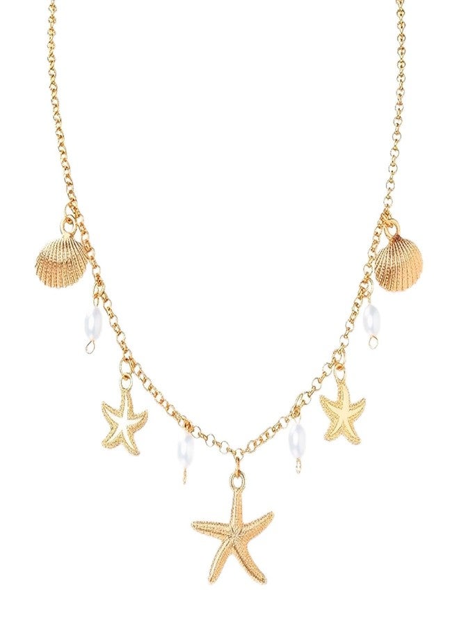 BharatBazaar Shell Necklace, Shell Jewellery for Women, Gold Charm Necklace for Women, Necklace Gold and Starfish Ocean-Inspired, Women's Summer Jewelry - Image 1
