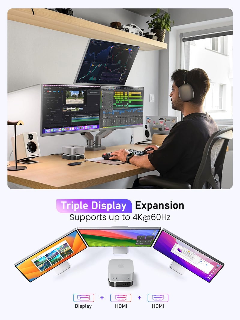 Lemorele Mac mini M4 Docking Station - Dual HDMI + DisplayPort withTriple Monitor Support, 8TB SSD Enclosure, 10Gbps USB-C/USB-A,SD/TF Card Reader - Compatible with Mac mini M4 & M4 Pro - Image 2