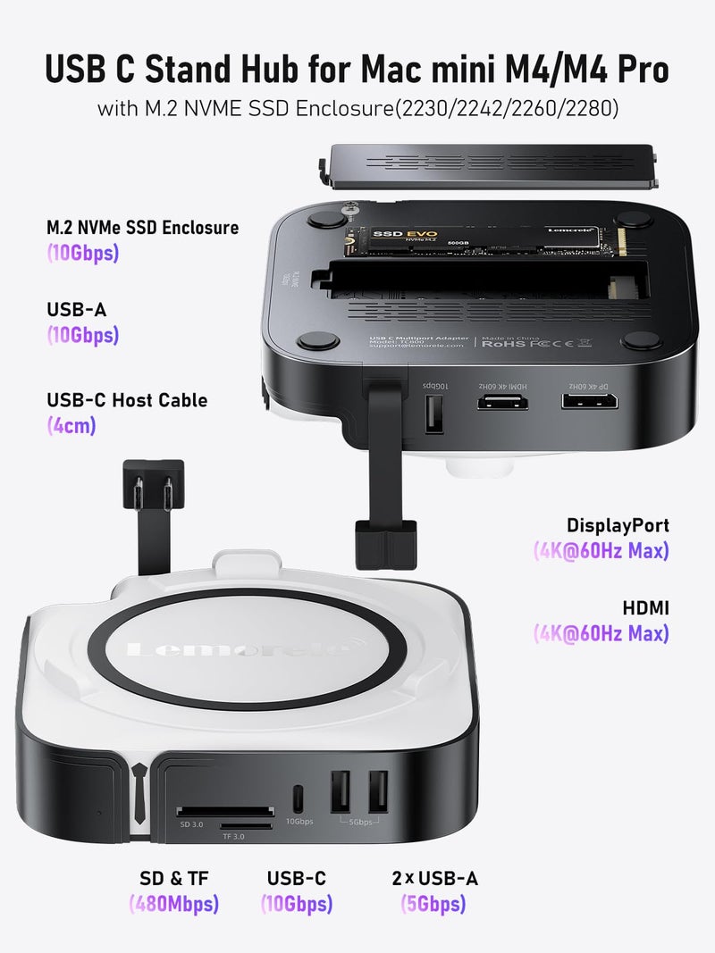 Lemorele Mac mini M4 Docking Station - Dual HDMI + DisplayPort withTriple Monitor Support, 8TB SSD Enclosure, 10Gbps USB-C/USB-A,SD/TF Card Reader - Compatible with Mac mini M4 & M4 Pro - Image 4
