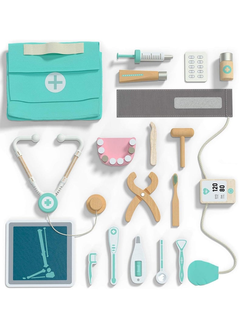 18 Piece Wooden Doctor Kit for Kids  Toddlers - Pretend Play Dentist Medical Playset, Ideal Gift for Boys  Girls Aged 3+ Years - Image 1