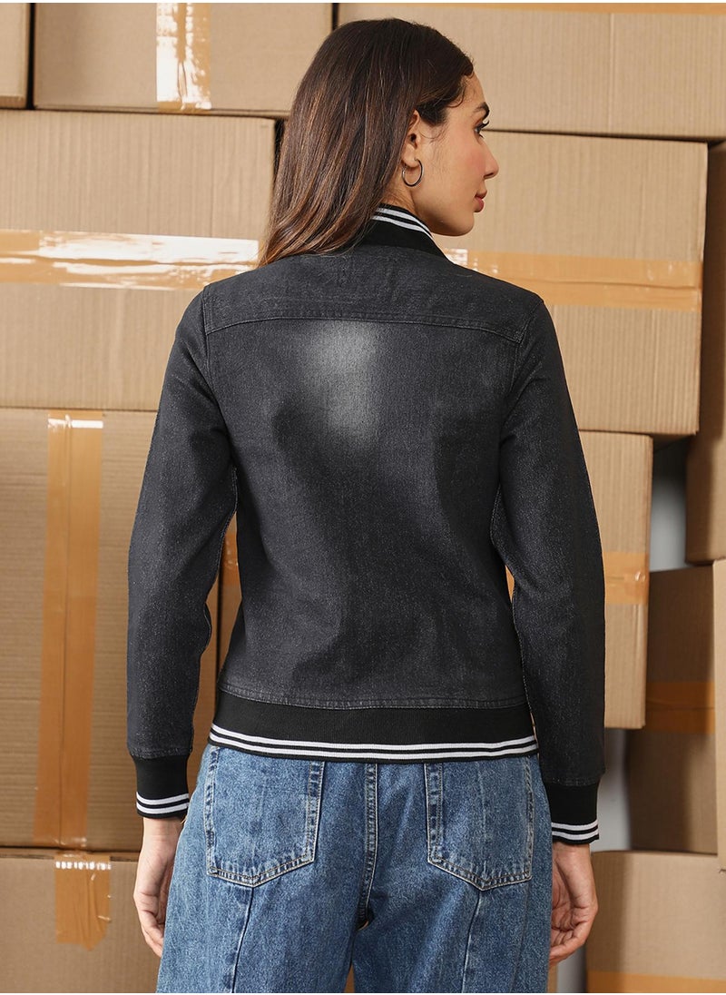 Campus Sutra Women's Midnight Black Mid-Wash Denim Bomber Jacket  - Image 5
