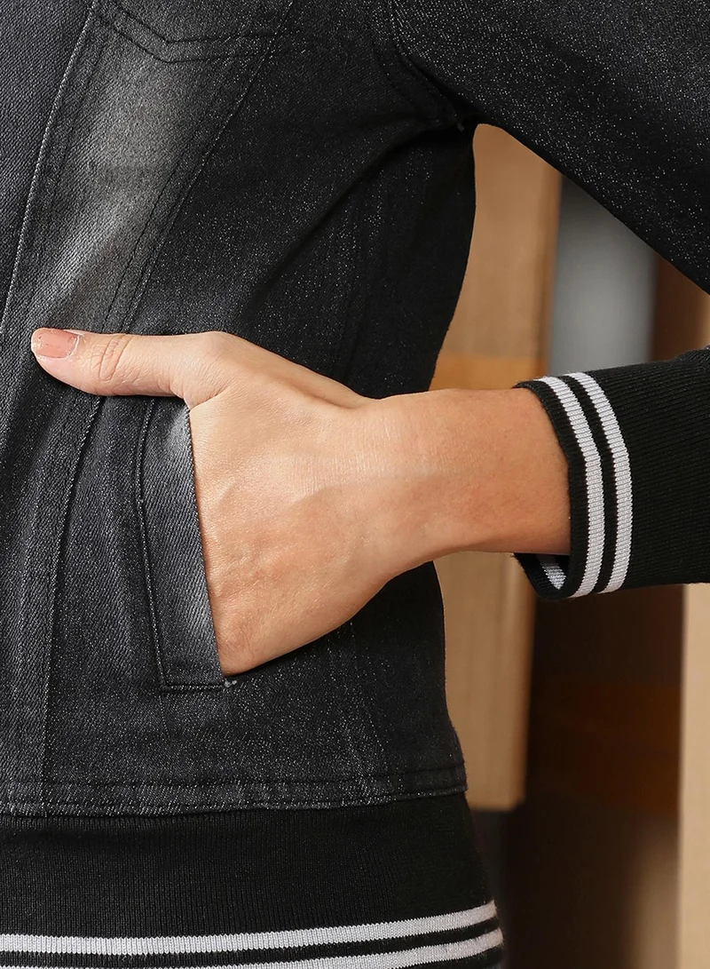 كامبوس سوترا Women's Midnight Black Mid-Wash Denim Bomber Jacket