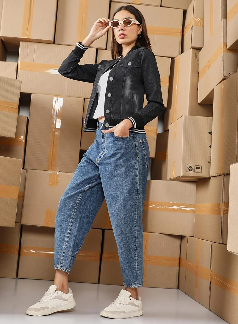 كامبوس سوترا Women's Midnight Black Mid-Wash Denim Bomber Jacket