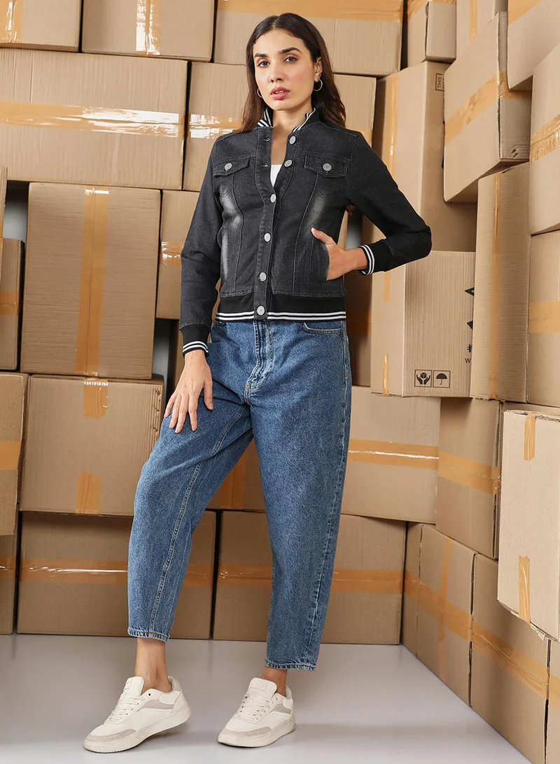 كامبوس سوترا Women's Midnight Black Mid-Wash Denim Bomber Jacket