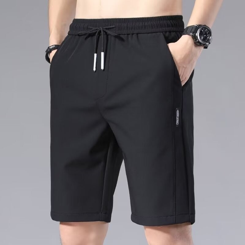 Mens Ice Silk Shorts 2024 Summer New Style Korean Fashion Loose-Fit Trendy Splicing Tag Beach Five-Minute Midships Black  - Image 1