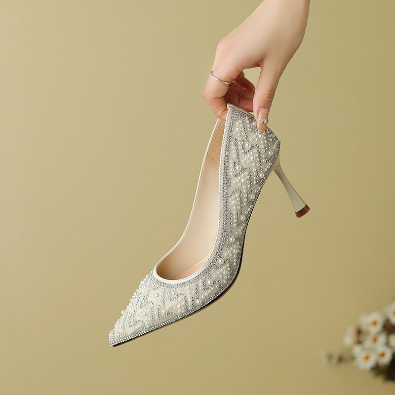 Women's Rhinestone & Pearl Wedding Heels | Chinese-Style Bridal Pumps | 7cm & 4.5cm Heel Options | Comfort-Focused Design for Brides & Bridesmaids | Multiple Colors Available - Image 1