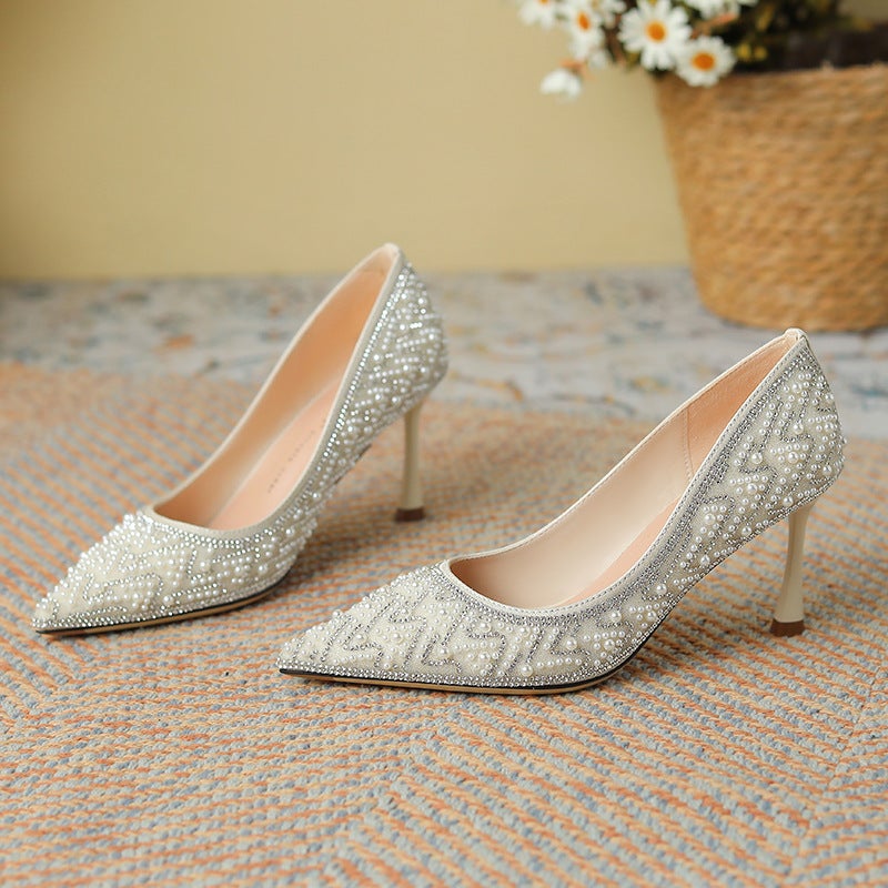 Women's Rhinestone & Pearl Wedding Heels | Chinese-Style Bridal Pumps | 7cm & 4.5cm Heel Options | Comfort-Focused Design for Brides & Bridesmaids | Multiple Colors Available - Image 3