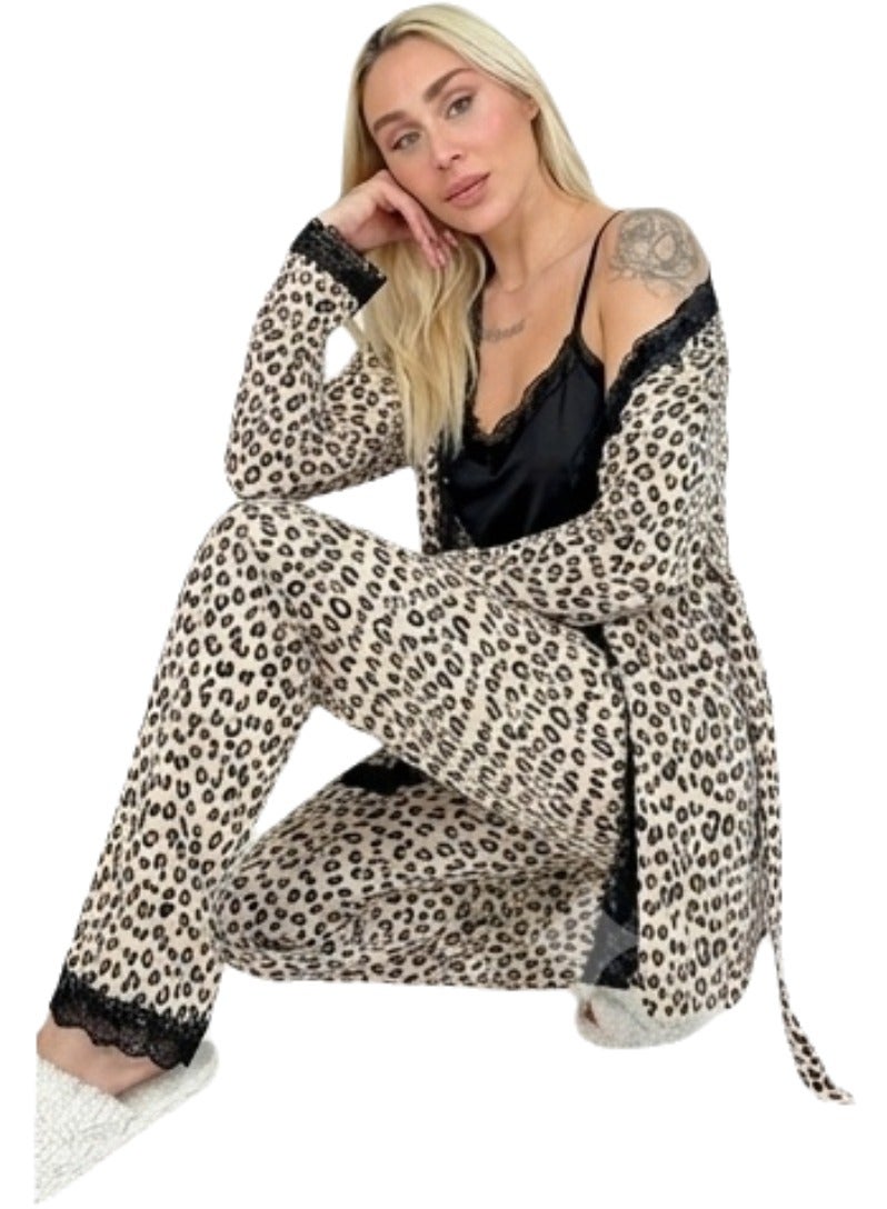 Women's 4 Piece Leopard Print Satin Pajama Set with Long Robe, Lace Trim Camisole, Soft Lounge Pants, Luxury Sleepwear Nightwear Homewear Set for Women, Comfortable Relaxed Fit, Fits Up to 65 KG - Image 5