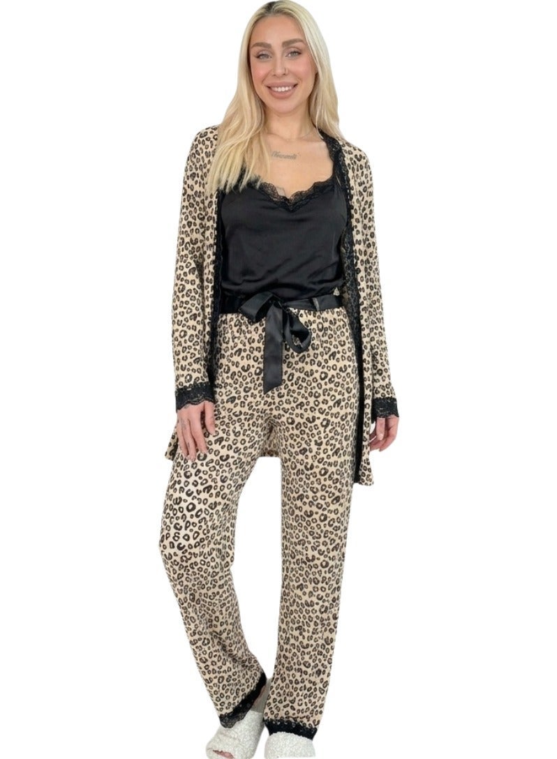 Women's 4 Piece Leopard Print Satin Pajama Set with Long Robe, Lace Trim Camisole, Soft Lounge Pants, Luxury Sleepwear Nightwear Homewear Set for Women, Comfortable Relaxed Fit, Fits Up to 65 KG - Image 1