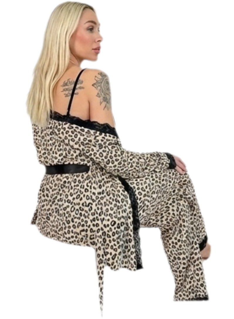 Women's 4 Piece Leopard Print Satin Pajama Set with Long Robe, Lace Trim Camisole, Soft Lounge Pants, Luxury Sleepwear Nightwear Homewear Set for Women, Comfortable Relaxed Fit, Fits Up to 65 KG - Image 4