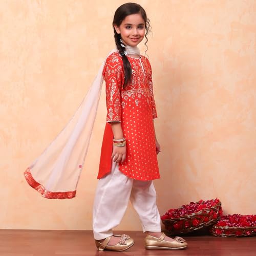 Biba Girls Orange Straight Cotton Printed Kurta suit set - Image 4