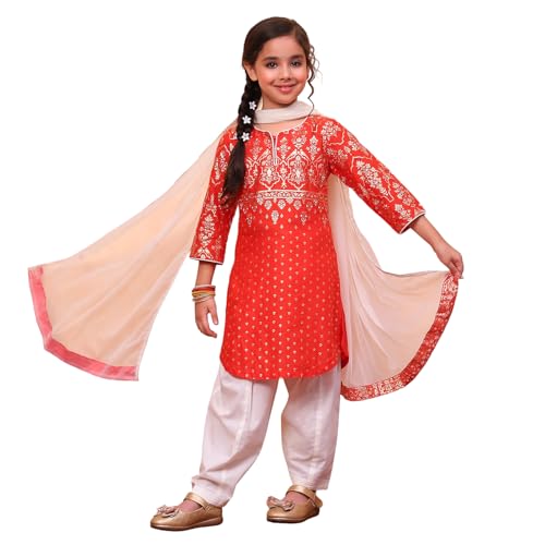 Biba Girls Orange Straight Cotton Printed Kurta suit set - Image 1