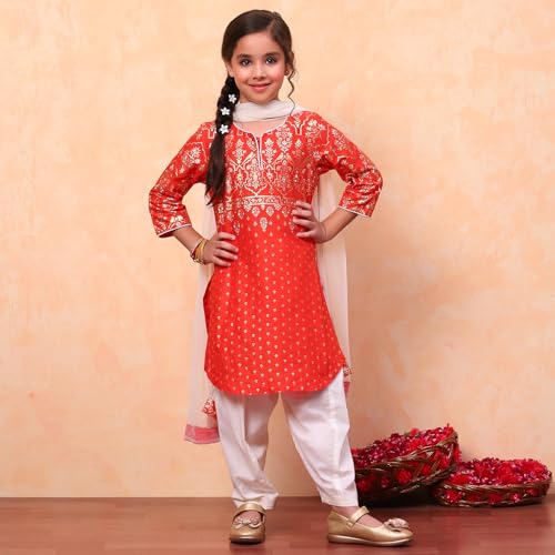 Biba Girls Orange Straight Cotton Printed Kurta suit set - Image 2