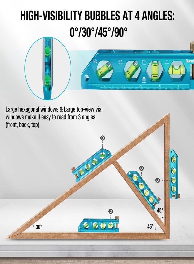 DURATECH 3-Piece Level Tool Set, Magnetic Torpedo Level Included 2.5", 6.25", 8" Leveler with 0°/30°/45°/90° Bubbles, V-Groove, Large Viewing Window, Aluminium Alloy Construction, SAE and Metric Scale - Image 3