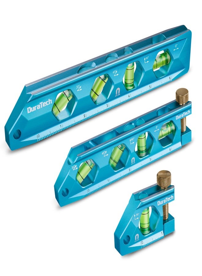 DURATECH 3-Piece Level Tool Set, Magnetic Torpedo Level Included 2.5", 6.25", 8" Leveler with 0°/30°/45°/90° Bubbles, V-Groove, Large Viewing Window, Aluminium Alloy Construction, SAE and Metric Scale - Image 1