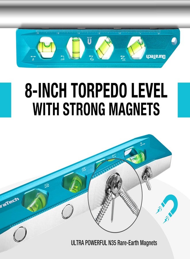 DURATECH 3-Piece Level Tool Set, Magnetic Torpedo Level Included 2.5", 6.25", 8" Leveler with 0°/30°/45°/90° Bubbles, V-Groove, Large Viewing Window, Aluminium Alloy Construction, SAE and Metric Scale - Image 4