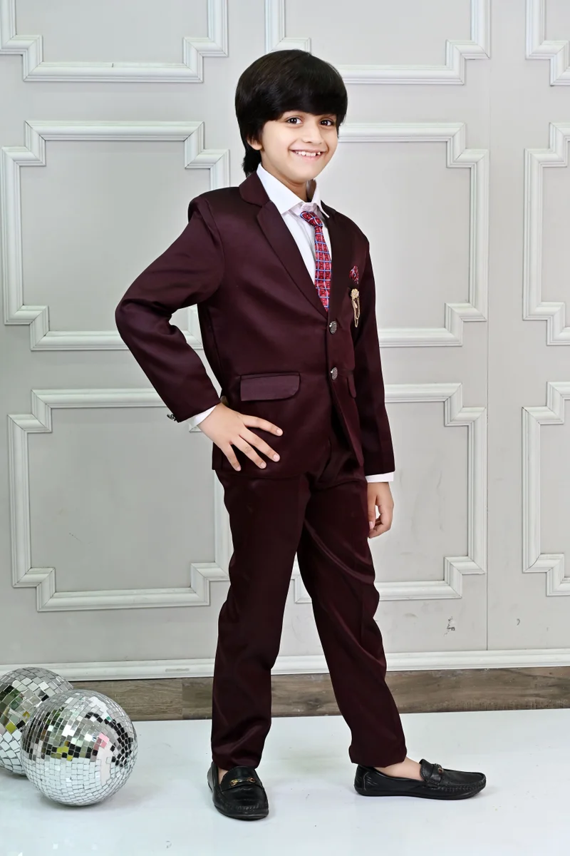 BT DEZINES Maroon Satin 4 Piece Suit Set for Boys
