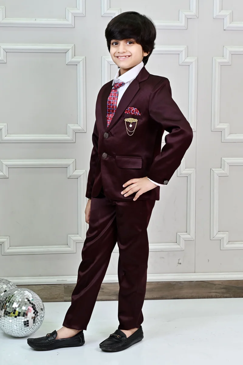BT DEZINES Maroon Satin 4 Piece Suit Set for Boys