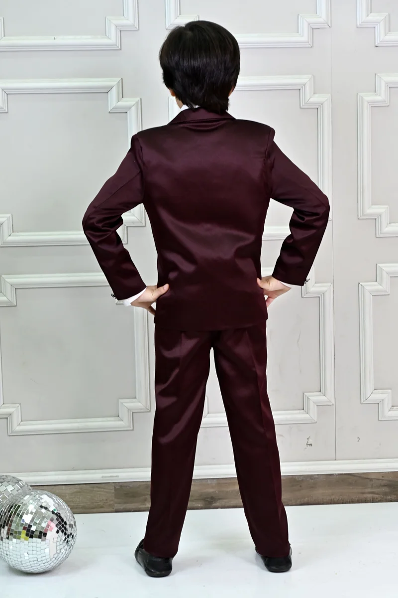 BT DEZINES Maroon Satin 4 Piece Suit Set for Boys