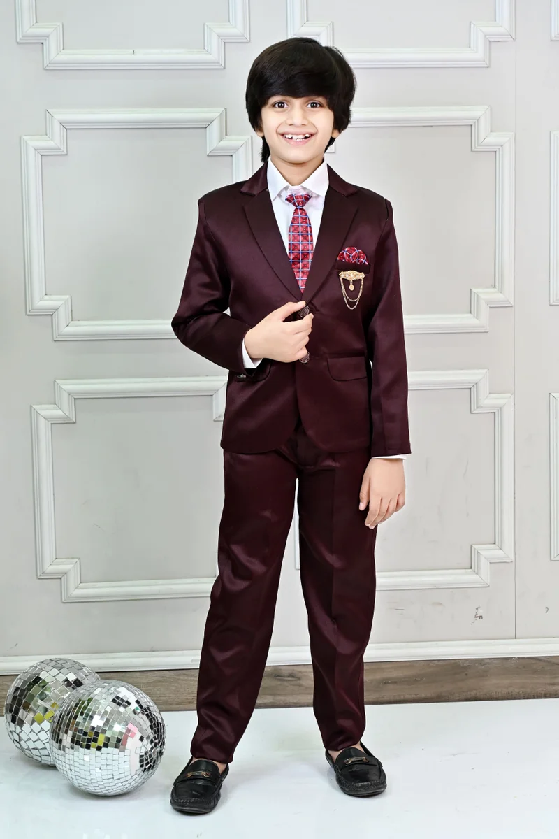 BT DEZINES Maroon Satin 4 Piece Suit Set for Boys