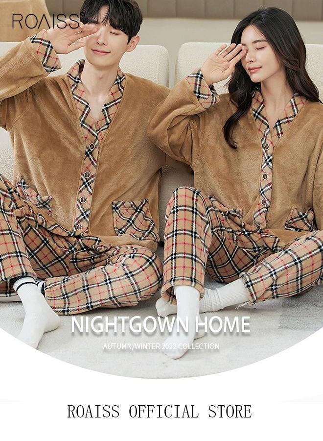 roaiss Couple Pajamas Set Long Sleeves Plaid Pattern Sleepwear for Men and Women Coral Fleece Loungewear Autumn and Winter Warm Home Clothes Gift for Boyfriend Girlfriend Husband Wife  - Image 4