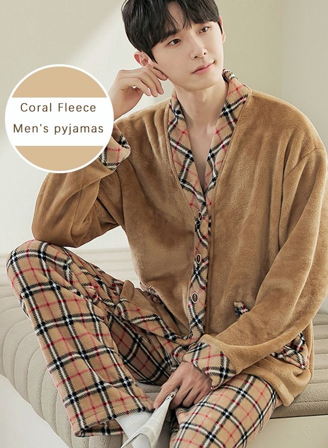 roaiss Couple Pajamas Set Long Sleeves Plaid Pattern Sleepwear for Men and Women Coral Fleece Loungewear Autumn and Winter Warm Home Clothes Gift for Boyfriend Girlfriend Husband Wife  - Image 1