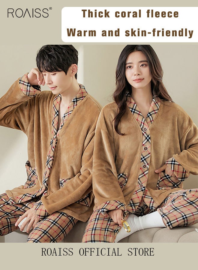 roaiss Couple Pajamas Set Long Sleeves Plaid Pattern Sleepwear for Men and Women Coral Fleece Loungewear Autumn and Winter Warm Home Clothes Gift for Boyfriend Girlfriend Husband Wife  - Image 5
