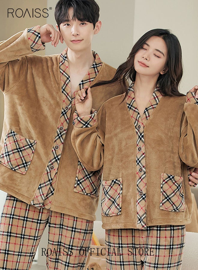 roaiss Couple Pajamas Set Long Sleeves Plaid Pattern Sleepwear for Men and Women Coral Fleece Loungewear Autumn and Winter Warm Home Clothes Gift for Boyfriend Girlfriend Husband Wife  - Image 2