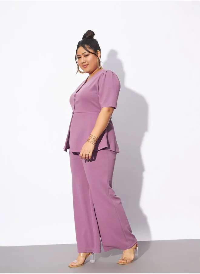 SASSAFRAS Plus Front Button V Neck Top & Pants Co-Ords by Styli