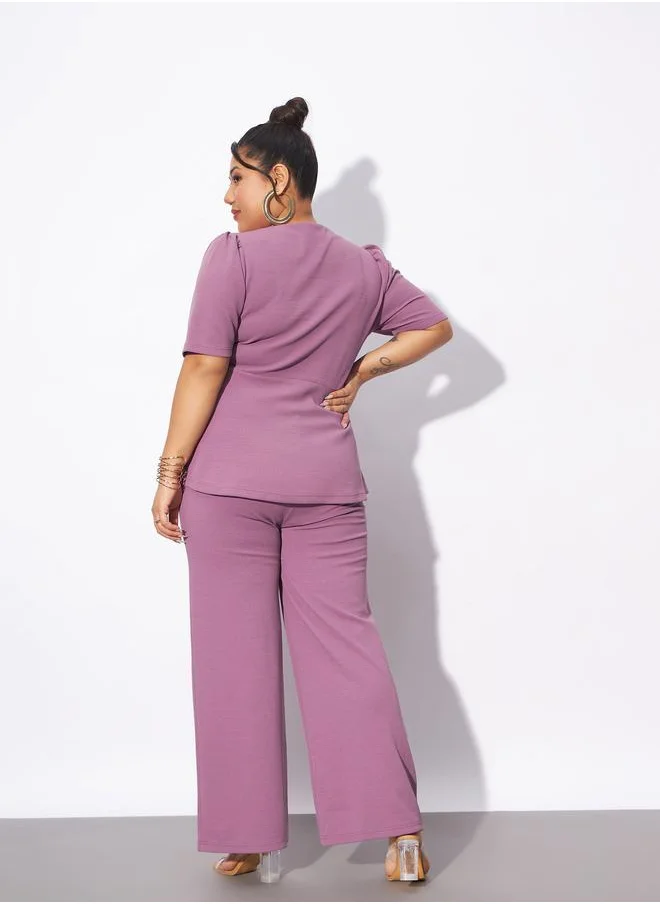 SASSAFRAS Plus Front Button V Neck Top & Pants Co-Ords by Styli