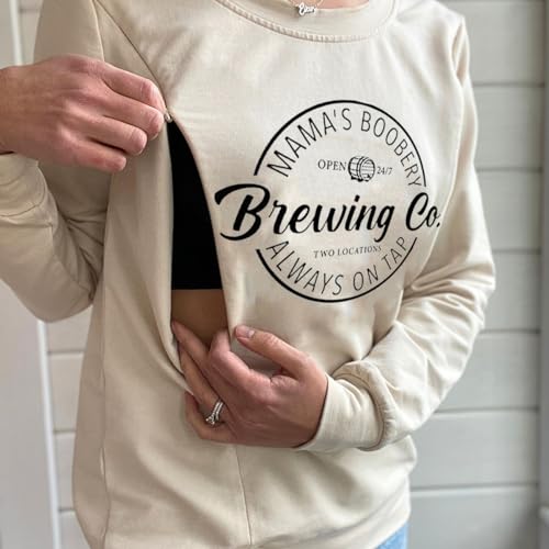 AEARGIV Women Causal Maternity Nursing Sweatshirt Comfort Friendly Zip Breastfeeding Pullover Tops Mama's Boobery Sweater(M, Cream 1) - Image 3
