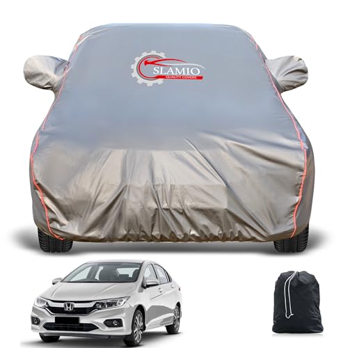 Slamio Heavy-Duty Car Body Cover for Honda's City (2014-2019) | Waterproof, Dustproof, UV Protection, Custom Fit, Heavy Belt & Buckle with Mirror & Antenna Pocket | Dark Grey - Image 1