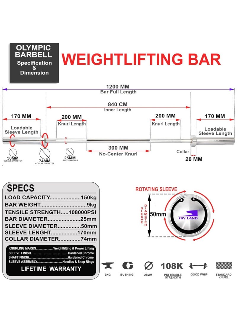 سكاي لاند بار أوليمبي، قضيب بوزن 1.2 متر مصنوع من الفولاذ الصلب مع طلاء كروم لرفع الأثقال والقوة الأولمبية، متوافق مع الأوزان بقطر 5 سم. - Image 4