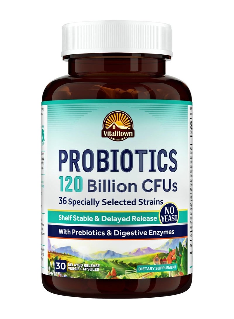 120 Billion CFUs Probiotics 36 Strains, Prebiotics, Digestive Enzymes for Men and Women, 30 Delayed Release Veg Caps