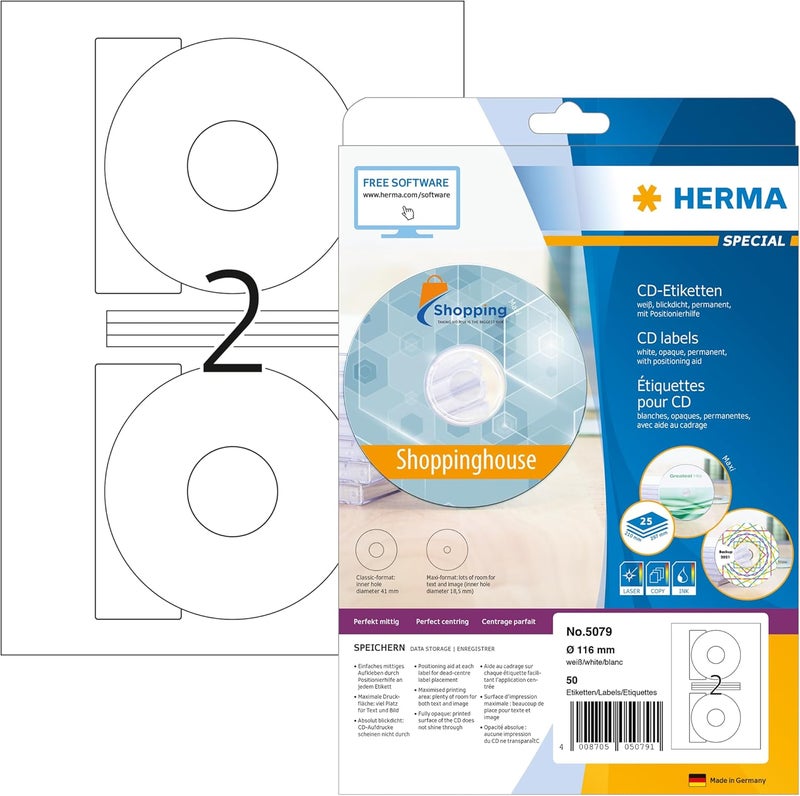 Herma Self Adhesive Full Face CD Labels, 2 Labels Per A4 Sheet, 50 Labels For Printers, With Positioning Aid, Ø 116 mm (5079) - Image 1