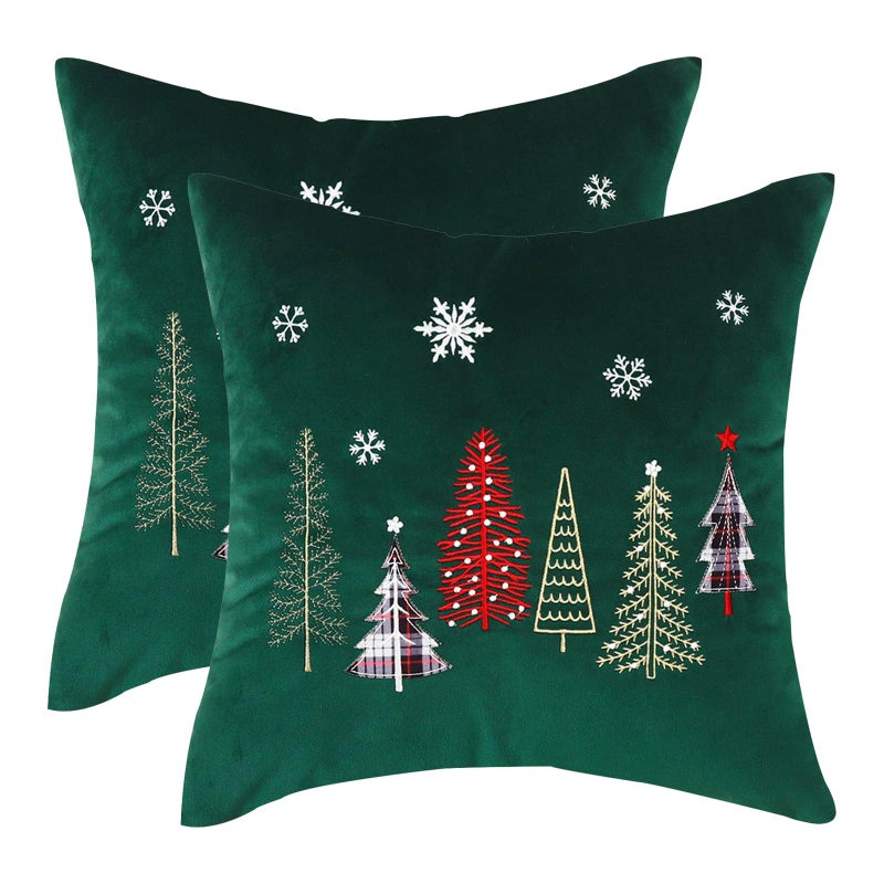Tosleo Christmas Embroidery Throw Pillow Covers 20 x 20 inch Set of 2 Christmas Decor Velvet Pillowcases Forest Green Xmas Trees Cushion Pillow Cases Soft Square Holiday Pillowcase